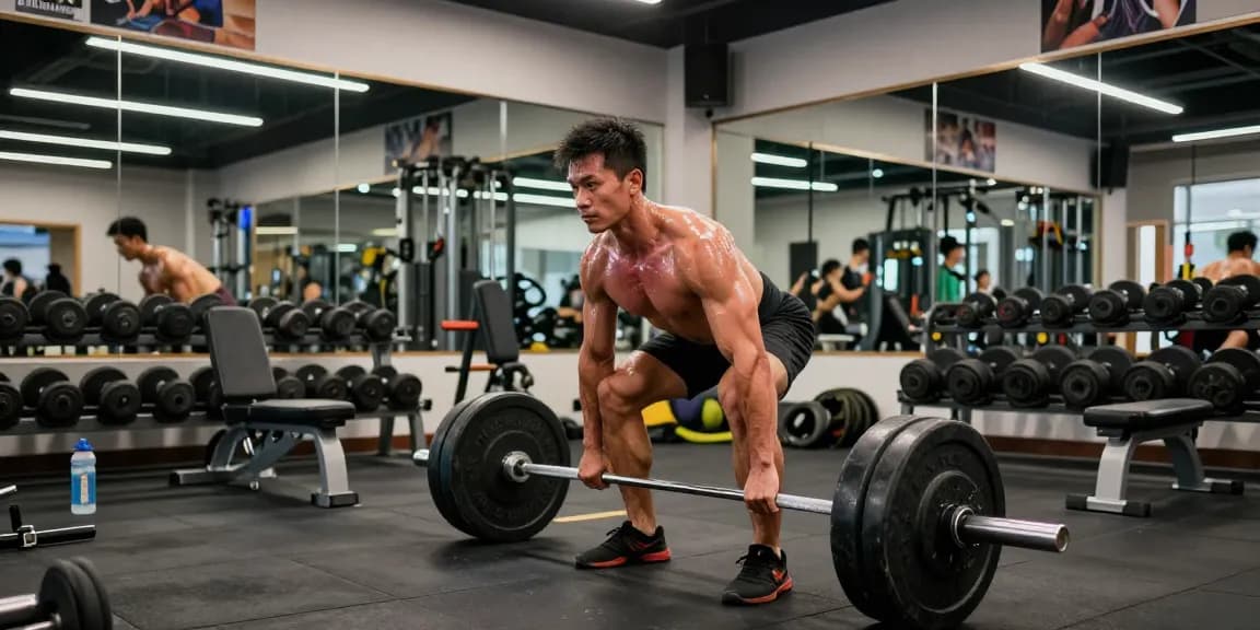 Dynamische Szene im Anabolika-Shop-Fitnessstudio mit einem Bodybuilder, der Gewichte hebt, und damit Fitnessengagement und Trainingskraft zeigt.