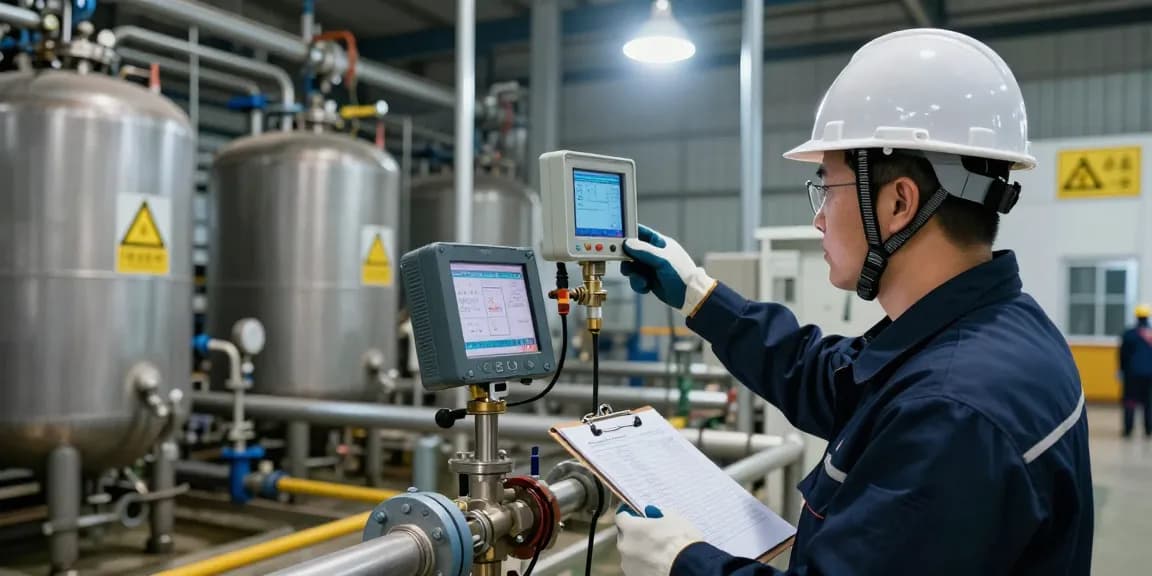 Techniker verwendet H2S Sensor in einer Abwasserreinigungsanlage zur Gasüberwachung und Sicherheit.