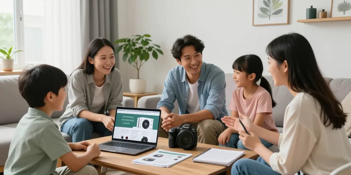Family discussing options to wärmpumpe kaufen in their bright, modern living room during a cozy afternoon.