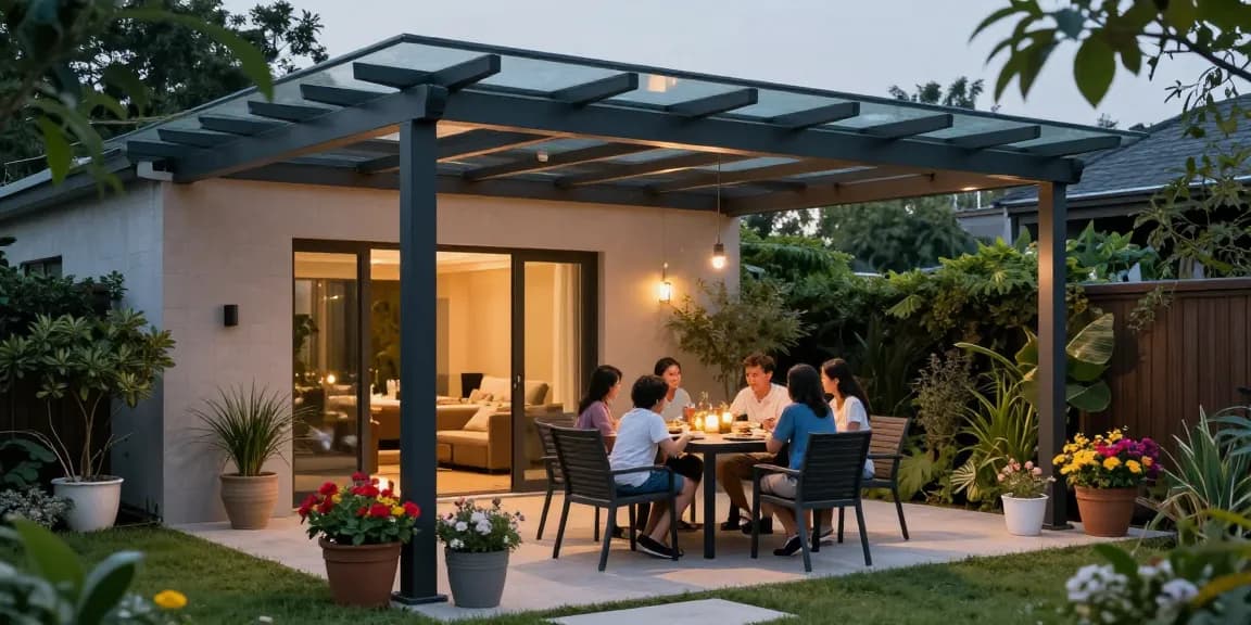 Moderne Terrassenüberdachungen bieten stimmungsvolle Abende im Freien für Familien und Freunde.
