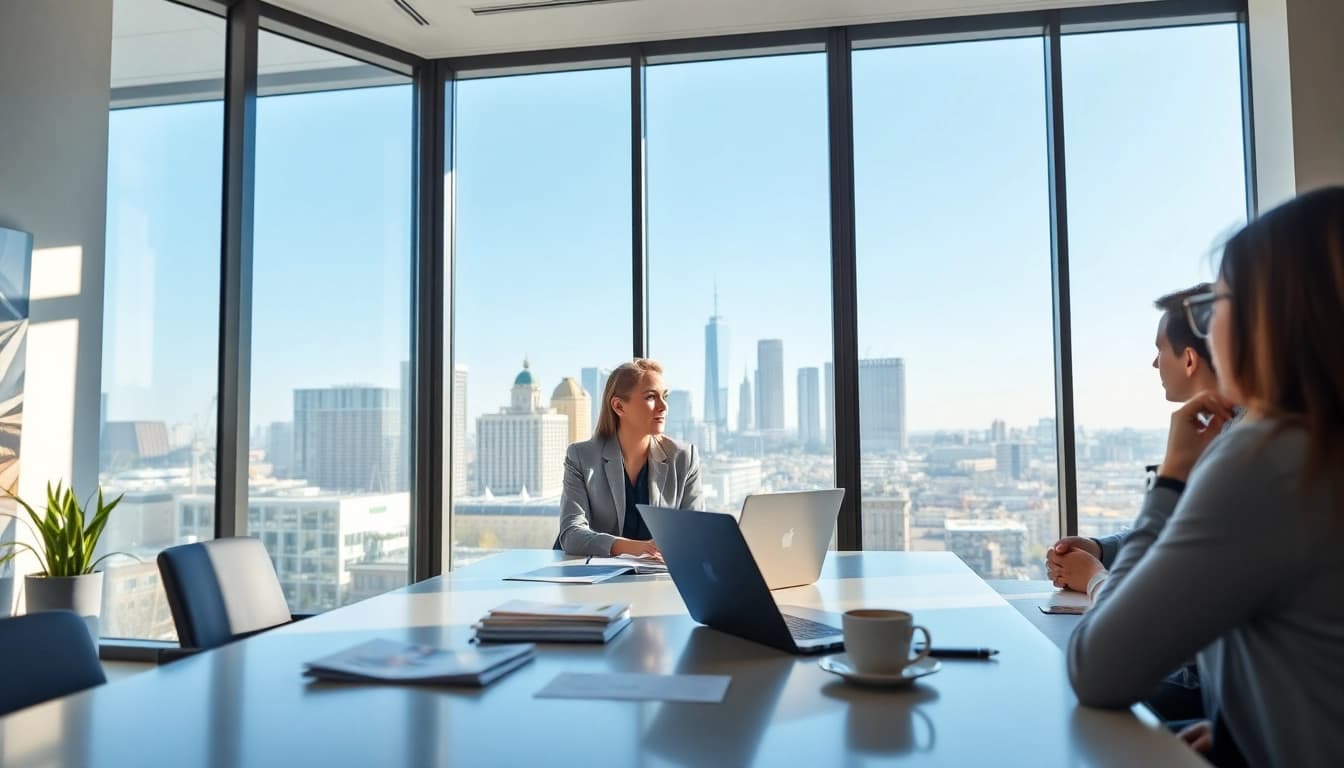 Immobilienmakler Frankfurt Eckenheim präsentiert Immobilienoptionen in einem modernen Büro.