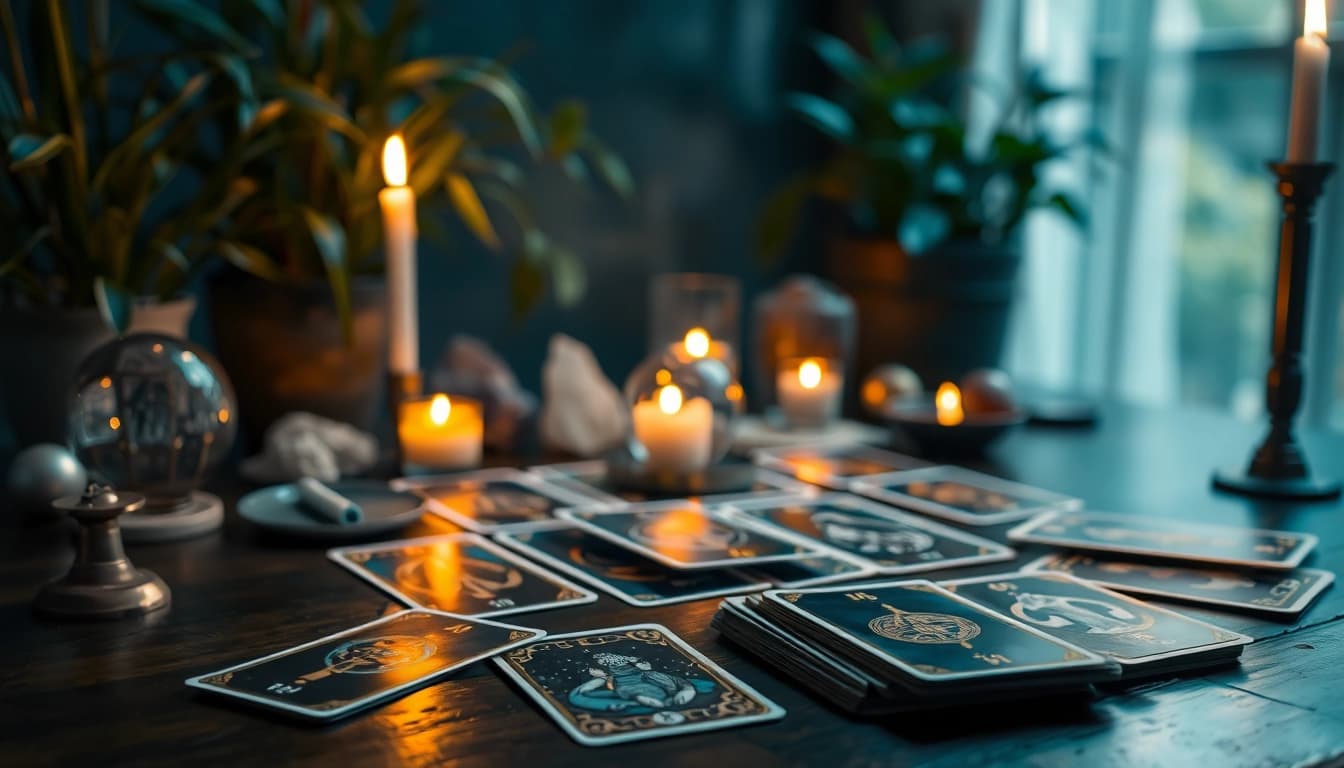 Verstehen der tarotkarten bedeutung durch das Lesen von Tarotkarten auf einem eleganten Tisch.