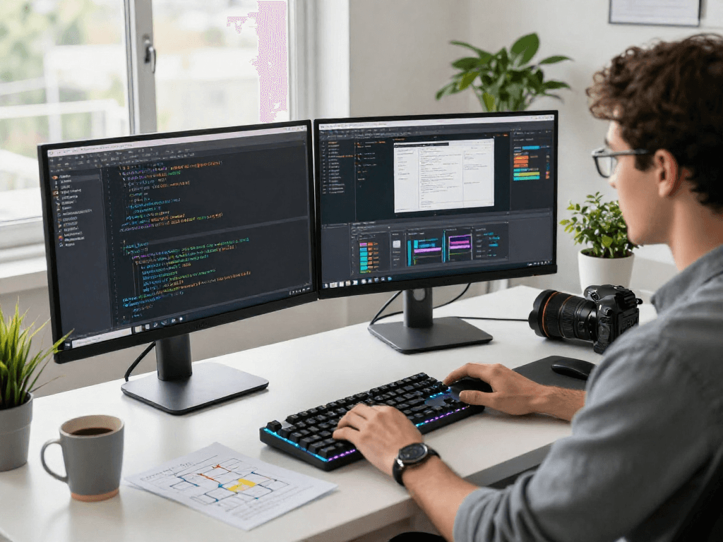 Developer coding at a modern workspace with dual monitors and application designs, showcasing http://debet-app.com