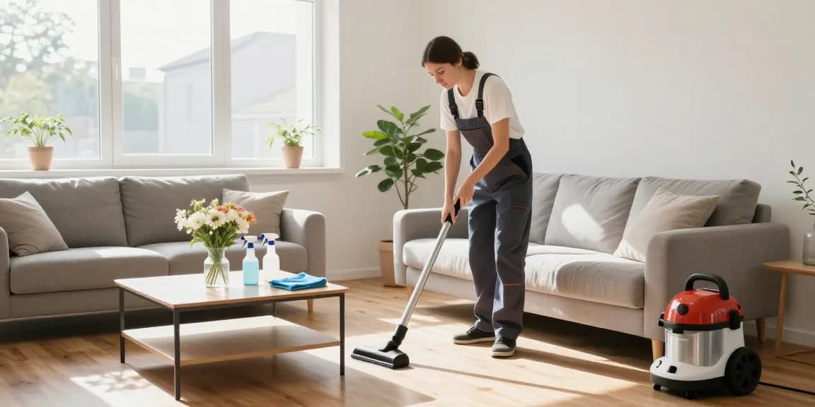 Reinigungsexperte reinigt ein Sofa in einem hellen Wohnzimmer und zeigt die Expertise einer Reinigungsfirma Solothurn