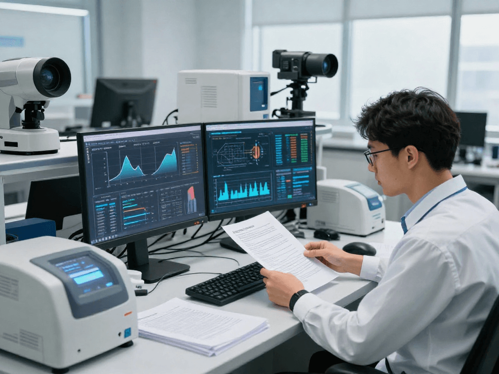 Expert in document fraud detection analyzing a document with advanced technology in a modern lab environment.