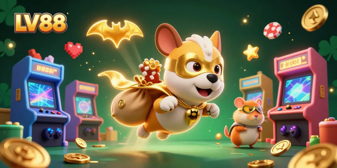 Join the adventure with LV88 as a superhero dog flies through a vibrant casino world.