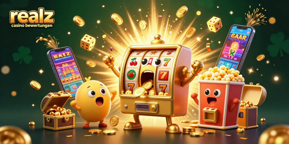Erleben Sie die aufregende Welt von realz casino bewertungen mit einem glänzenden Spielautomaten und tosenden Münzen.