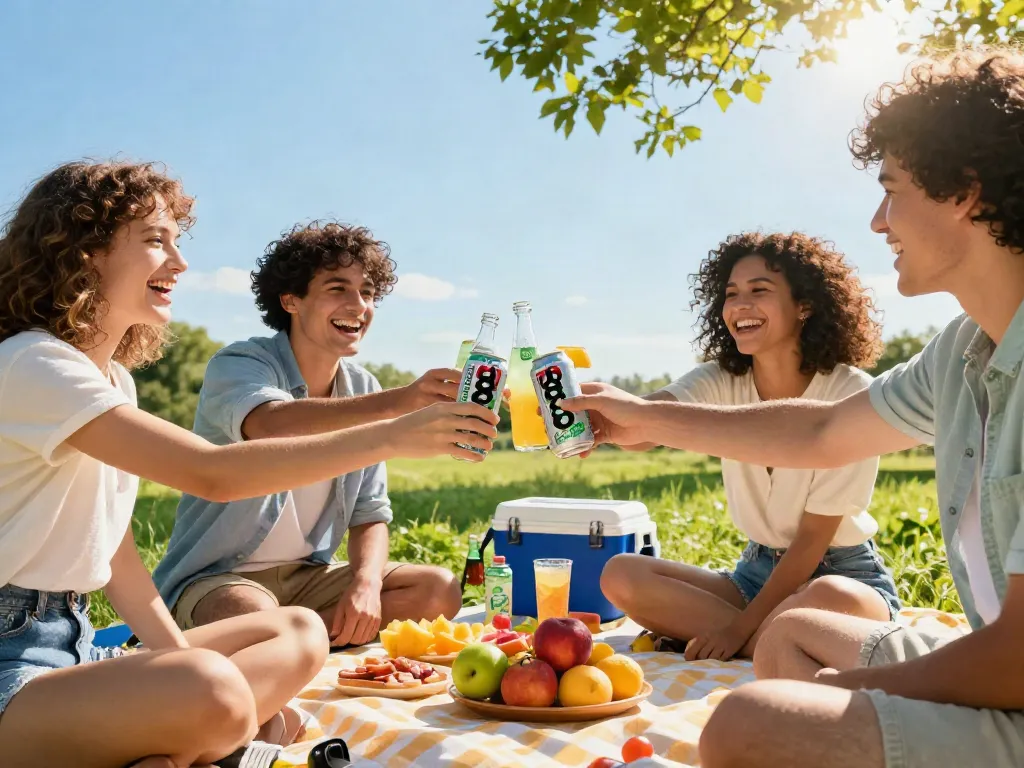Friends enjoying ROKOK88 soda at a sunny picnic, capturing refreshing summer moments.