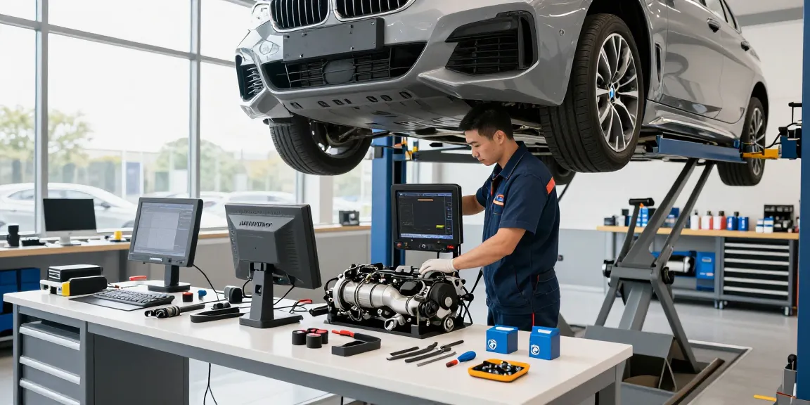 BMW Werkstatt-Techniker führt eine Motorinspektion mit hochmodernen Werkzeugen in einem modernen Servicezentrum durch