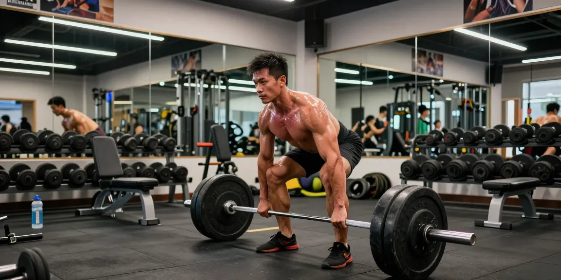 Dynamische Szene im Anabolika-Shop-Fitnessstudio mit einem Bodybuilder, der Gewichte hebt, und damit Fitnessengagement und Trainingskraft zeigt.
