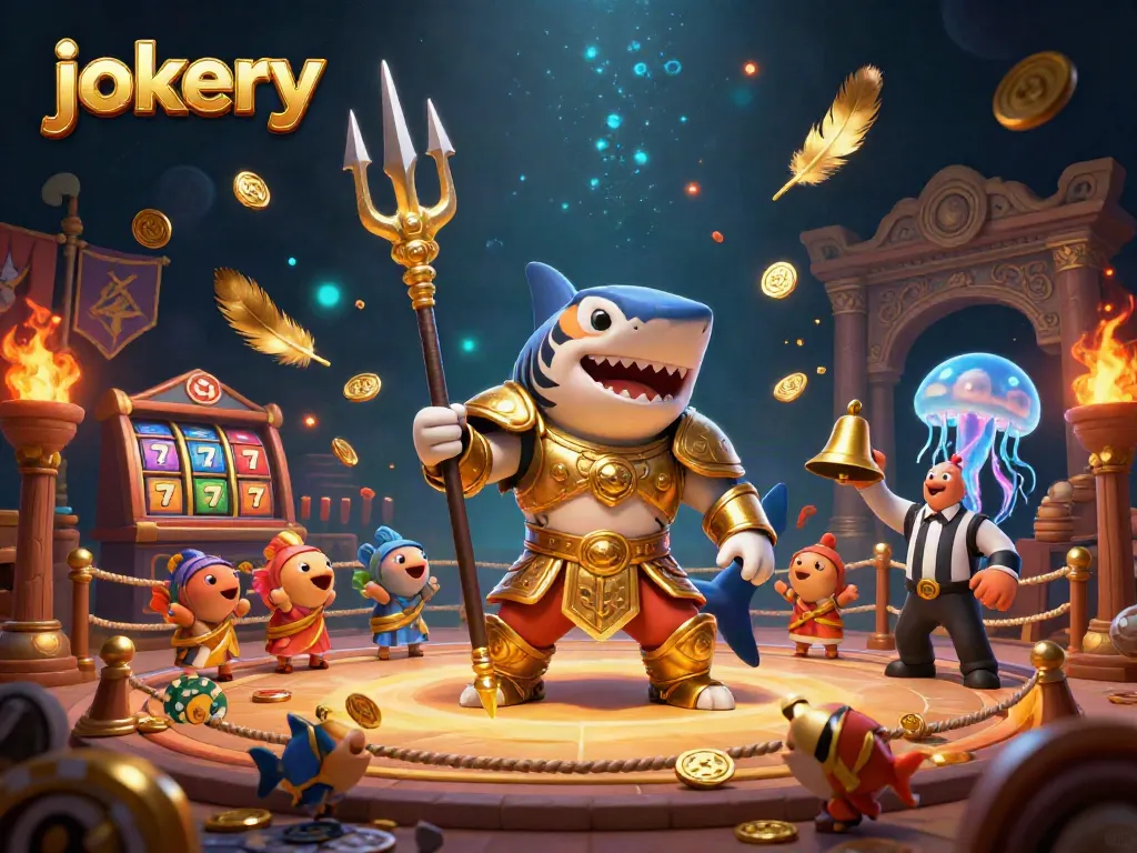 Spin the reels at Jokery Casino amid a vibrant underwater showdown featuring a shark gladiator.