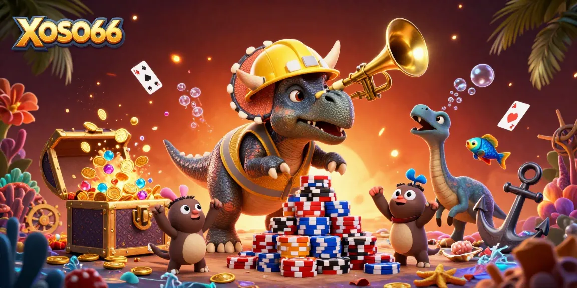 XOSO66 showcases a fun 3D illustration of cartoon dinosaurs celebrating a poker-themed event with vibrant elements surrounding them.