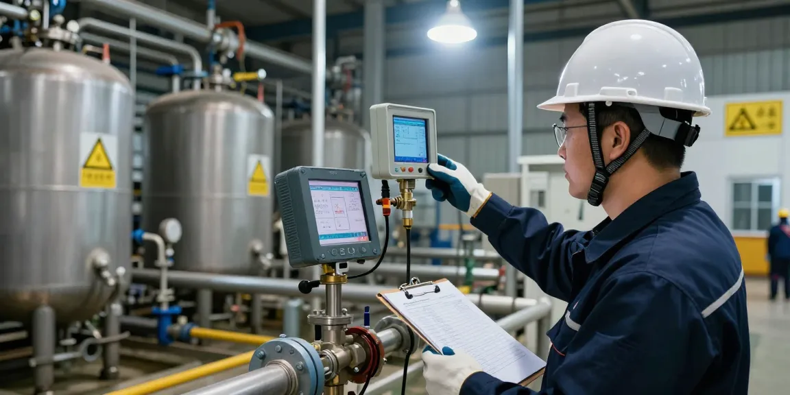Techniker verwendet H2S Sensor in einer Abwasserreinigungsanlage zur Gasüberwachung und Sicherheit.