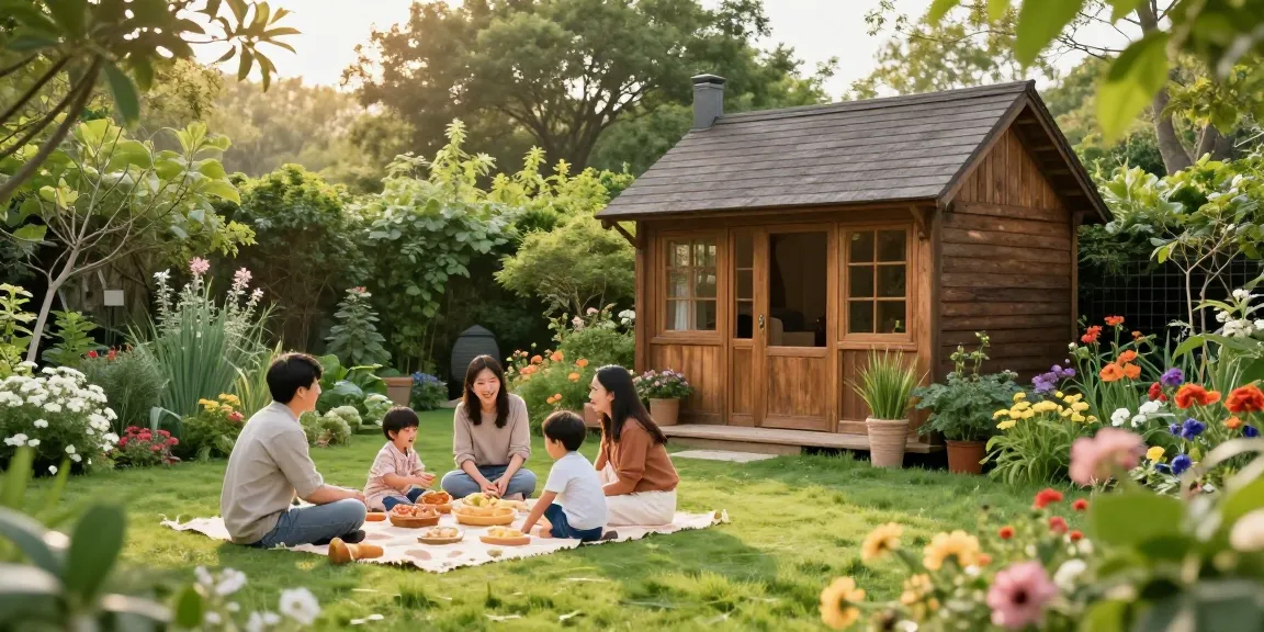 Gartenhaus in idyllischer Umgebung mit Familie, die im Garten entspannt
