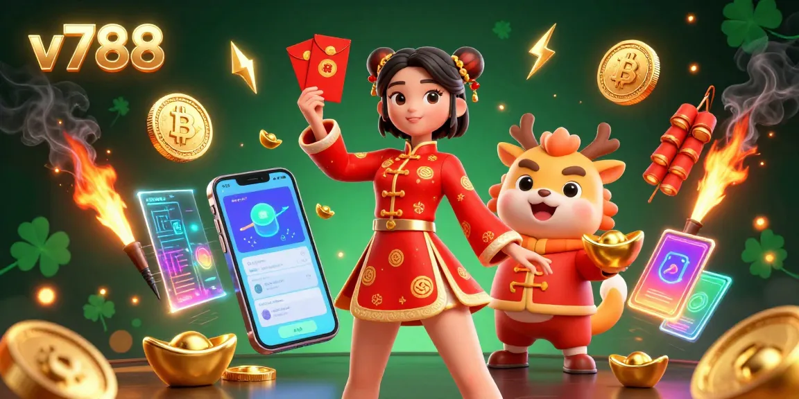 Experience the excitement of v788 with vibrant 3D illustrations of casino fun and crypto rewards in a dynamic scene.