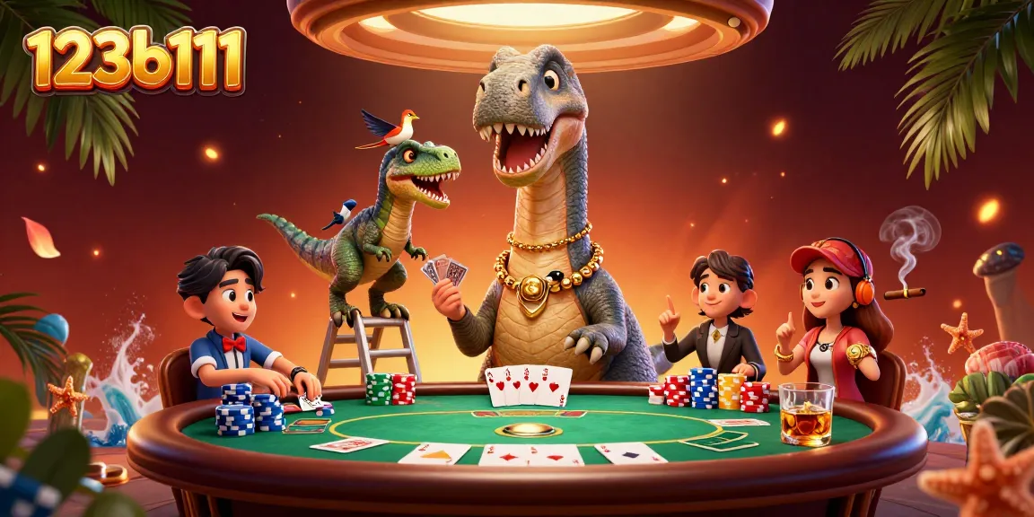 Engage in gaming action with the 123b111 brontosaurus and raptor at a dynamic poker table.