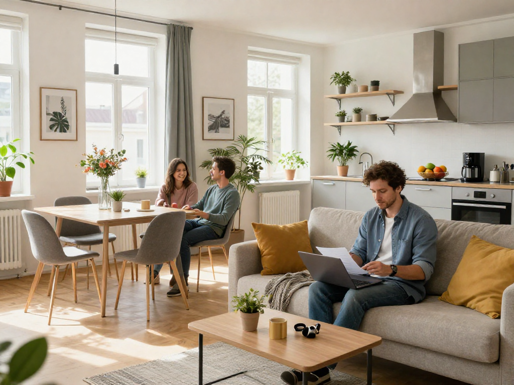 Moderne und gemütliche Monteurzimmer in Hannover mit voll ausgestatteter Küche und Arbeitsbereich.