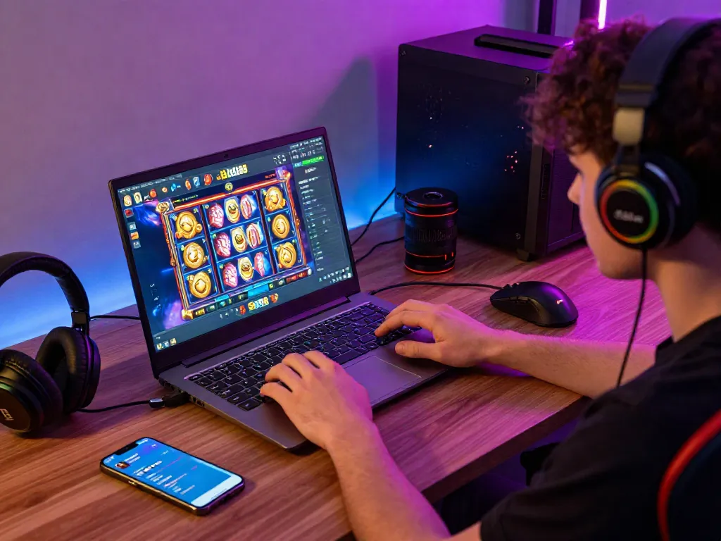 Engaged user enjoying slot88 on a sleek laptop in a modern gaming setup.