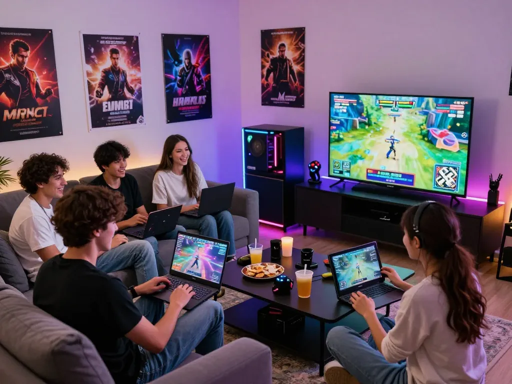 Friends enjoying an online porn game in a vibrant gaming lounge.