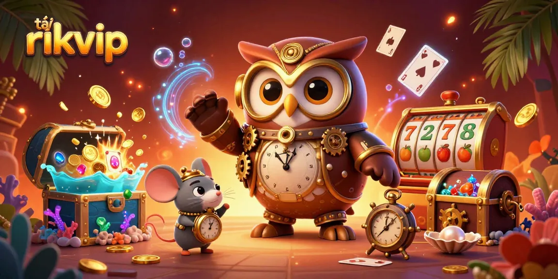 Engage with the vibrant world of tải rikvip, where a time-traveler owl and treasures await in this casino-themed illustration.