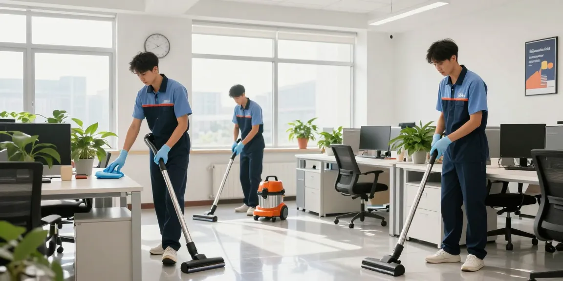 Professional cleaning team in action by reinigungsunternehmen bern, showcasing a bright office environment with efficient cleaning tools and organized workspace.