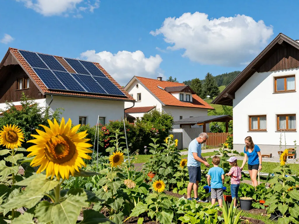 Photovoltaik Bayern: Familie diskutiert energieeffiziente Lösungen in einem sonnigen bayerischen Viertel mit Solarpanelen.