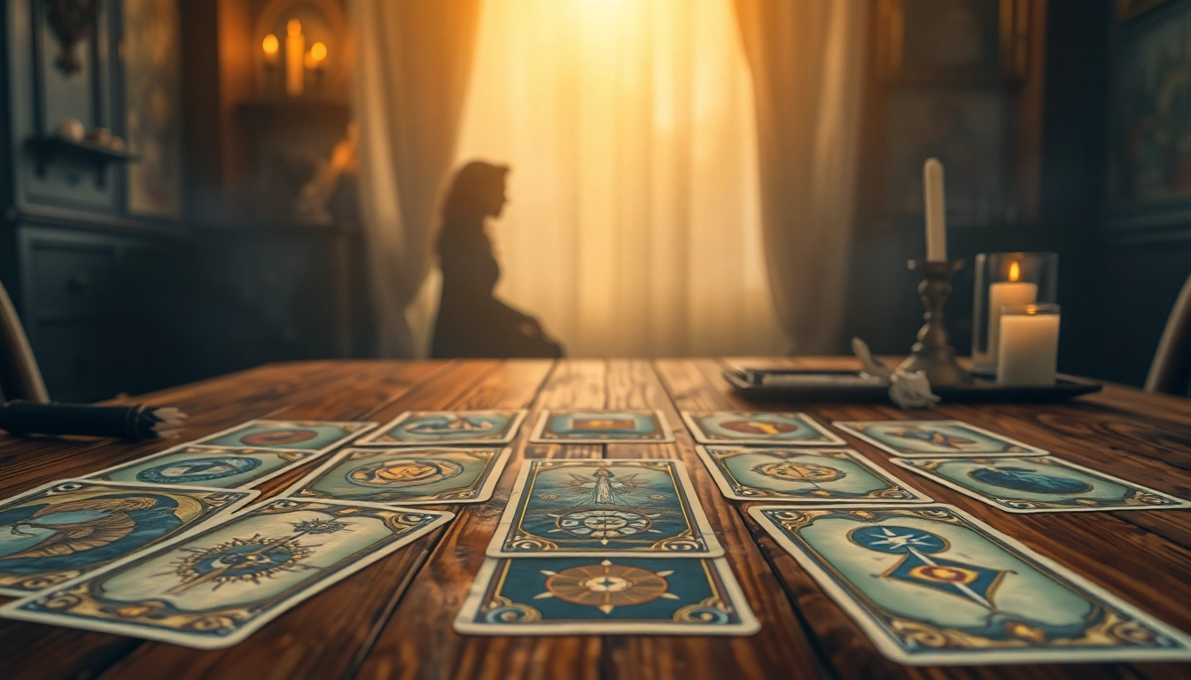 Erkunde die tarotkarten bedeutung durch eine Vielfalt von Karten auf einem Tisch.