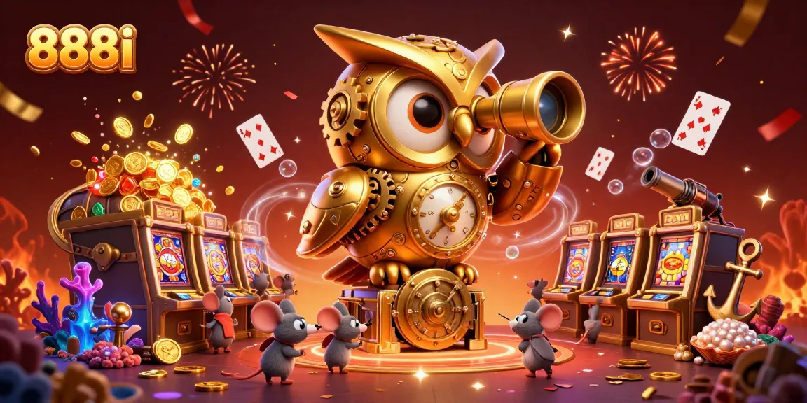 Experience thrilling gaming at 888i with a magical casino scene featuring cartoon characters and treasures.