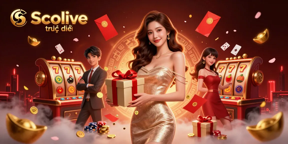 Socolive trực tiếp showcases a festive casino scene with a beautiful model and slot game elements.