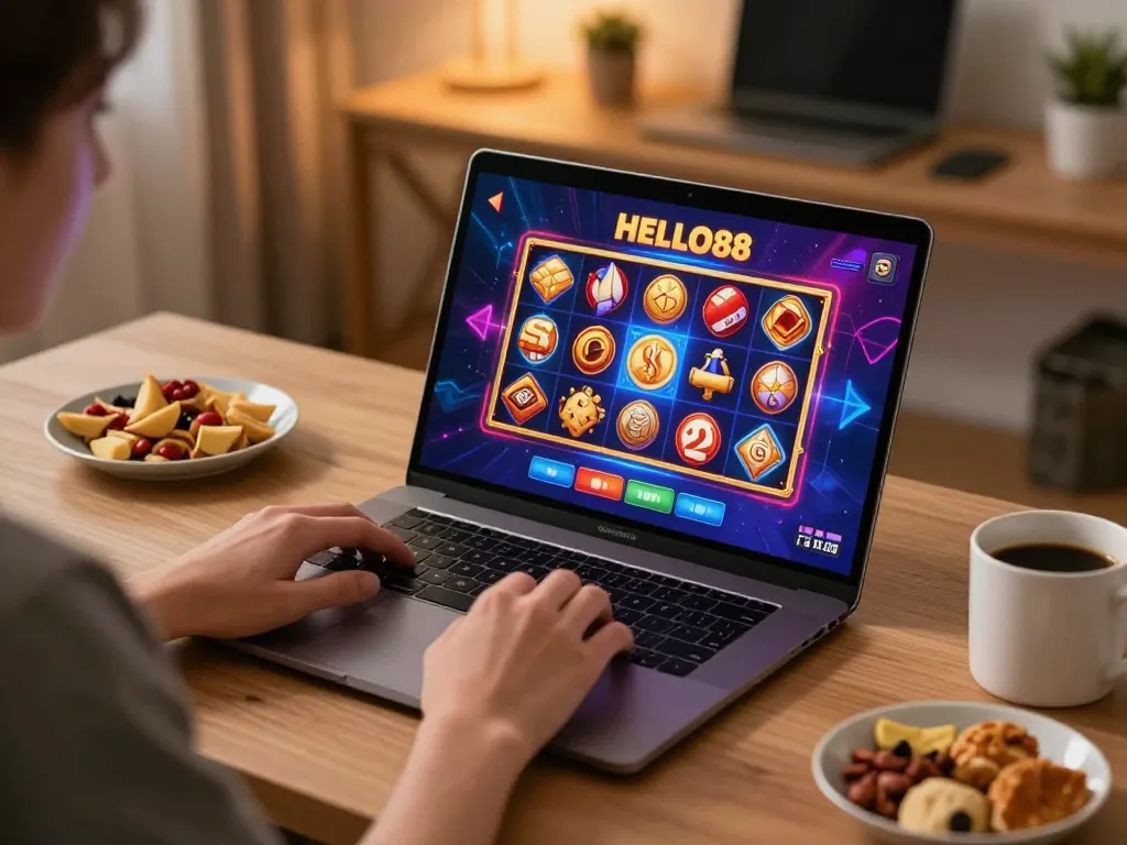 Engaging in HELLO88 online gaming with vibrant slot graphics in a cozy home office.