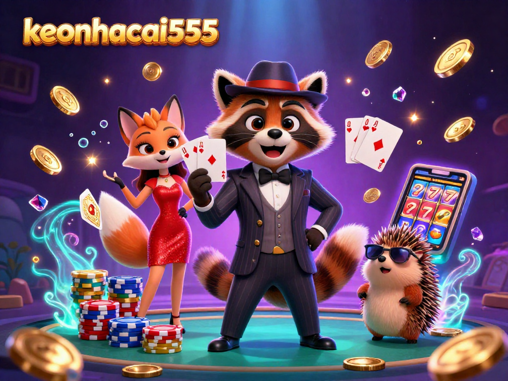 Experience excitement with keonhacai555 as a suave raccoon and friends showcase a royal flush in a vibrant casino scene.