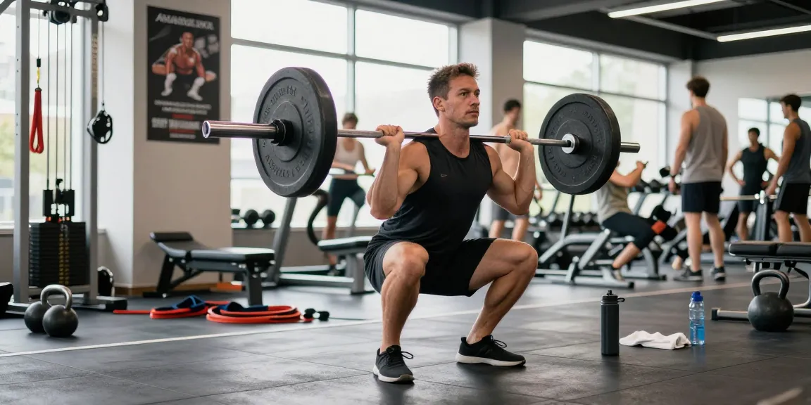 Athletic male performing barbell squats in a vibrant gym, showcasing strength relevant to Anabolika Shop.