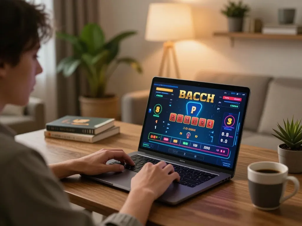 Engaged user playing baccarat online at trang chủ lc88 with cozy home setup, laptop and coffee nearby