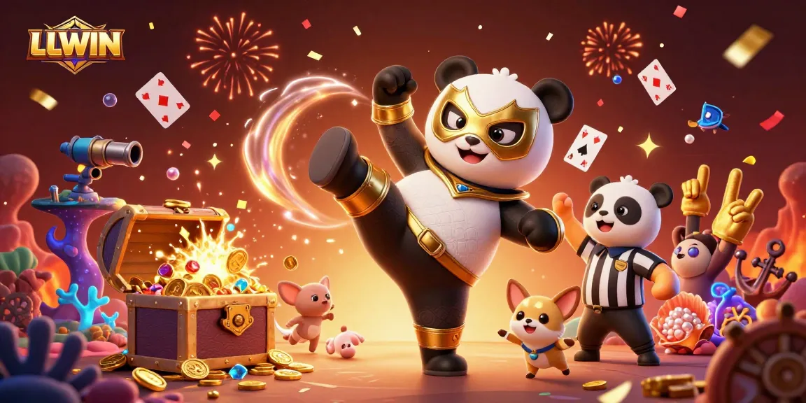 Watch LLWIN's exciting casino adventure featuring a panda wrestler amidst dazzling gold coins and lively animal fans.
