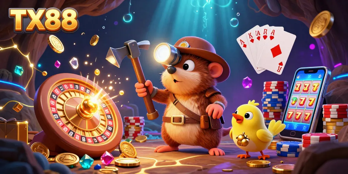Spin to win with TX88's vibrant illustration of treasure hunting in a casino adventure.