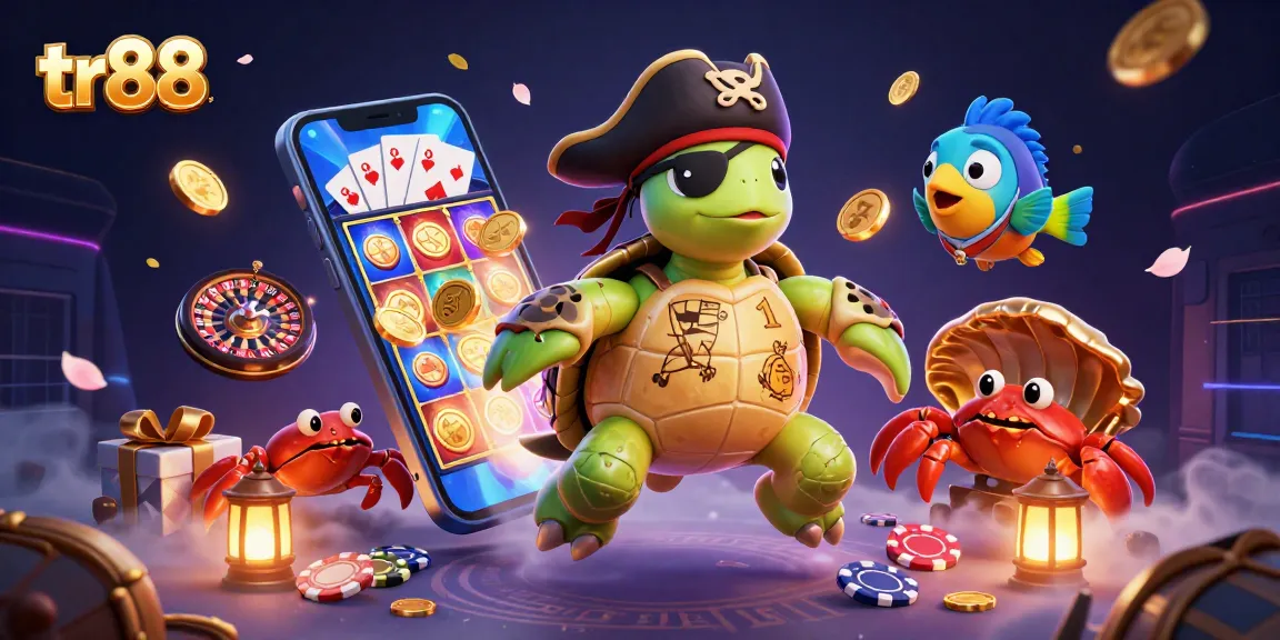 Experience exciting gaming with tr88's dynamic slot scene featuring a pirate turtle, crab, and parrotfish.