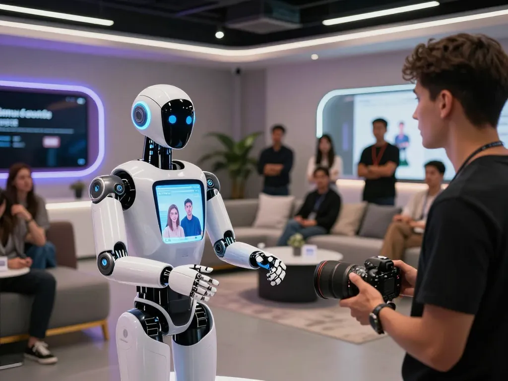 User interacting with a lifelike sex bot in a modern tech environment