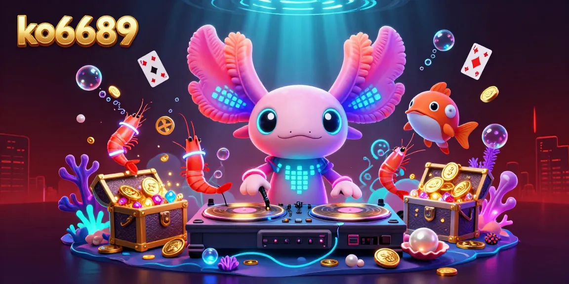 Engage with ko6689's vibrant gaming scene featuring an axolotl DJ and colorful underwater characters.