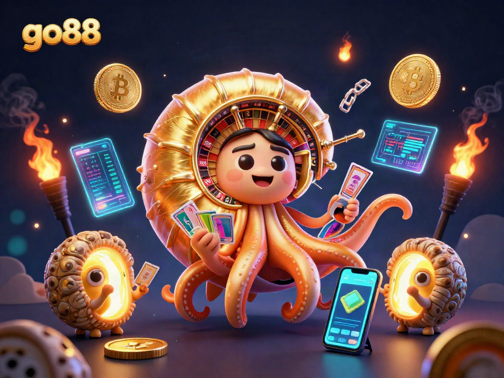 Experience go88's thrilling atmosphere with vibrant casino elements in a dynamic 3D illustration.