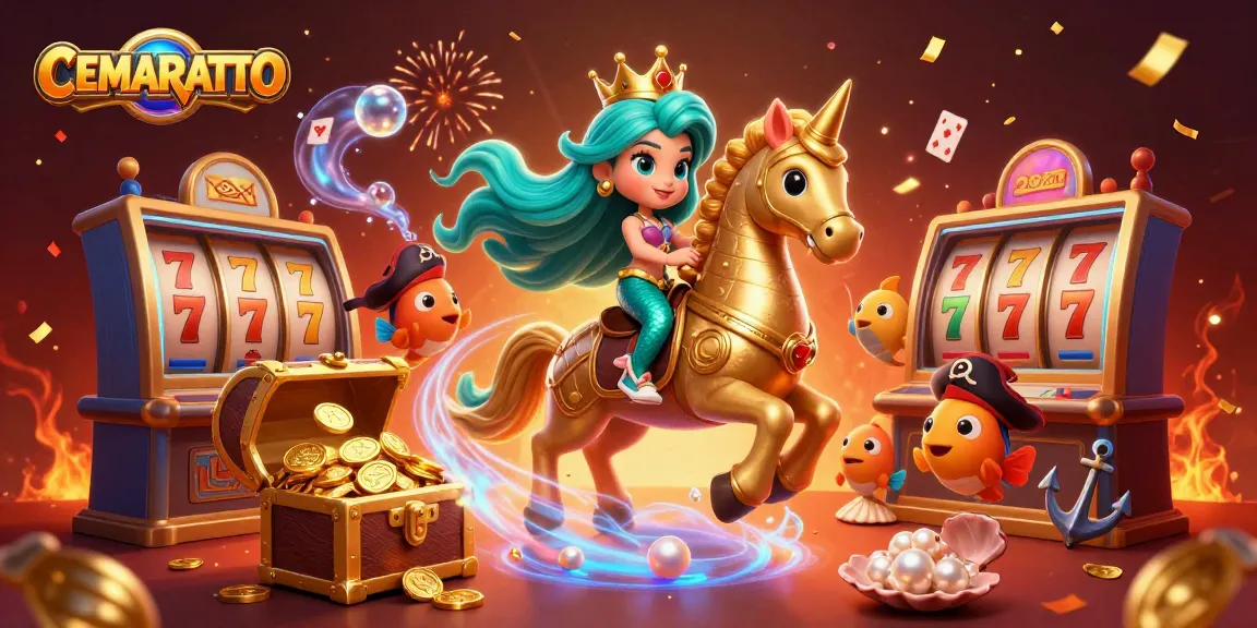 CEMARATOTO showcases a thrilling underwater casino scene with a mermaid princess riding a seahorse surrounded by vibrant slot elements.
