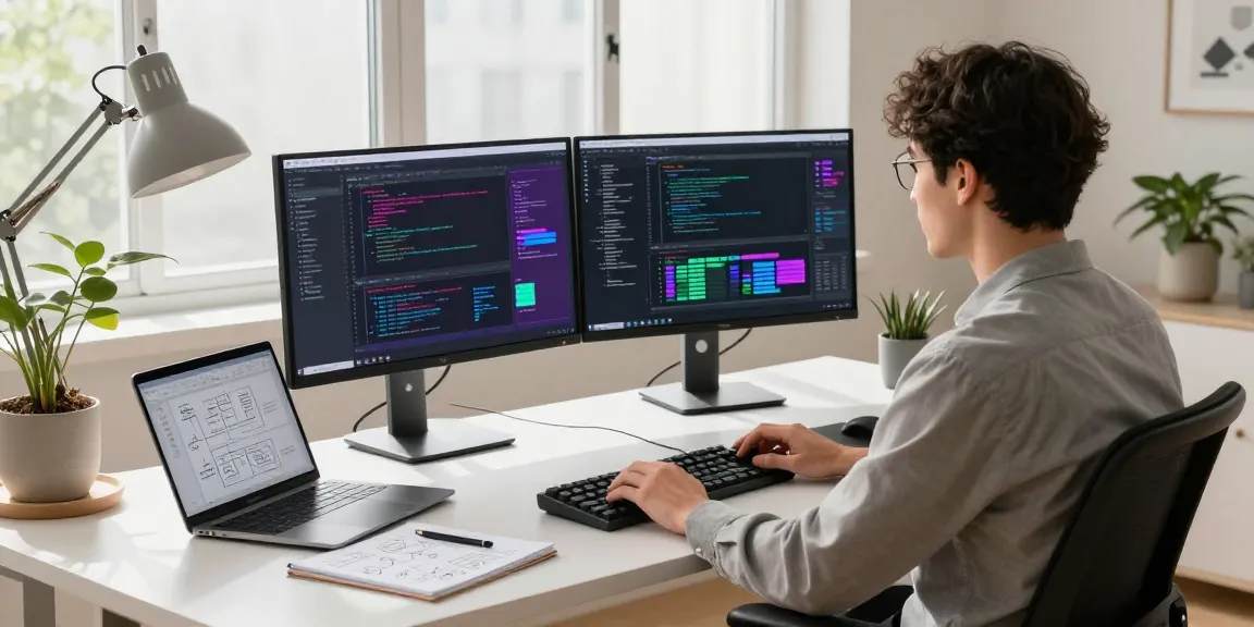 Build internal tools with AI in a modern workspace featuring a developer coding with vibrant screens and innovative design elements.