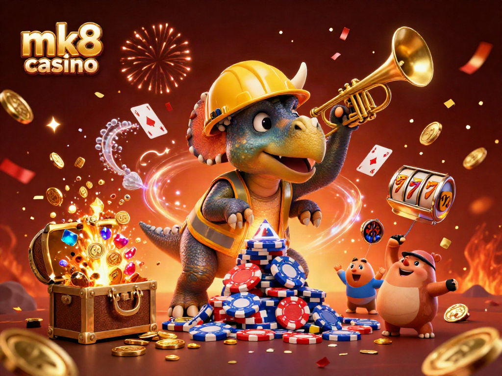 Celebrate winning at mk8 casino with a triceratops building poker chip pyramids amidst treasures and games.