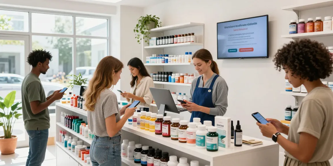 Faszinierendes Einkaufserlebnis im Medi Pharma Shop mit Wellness-Produkten und Kundeninteraktionen.