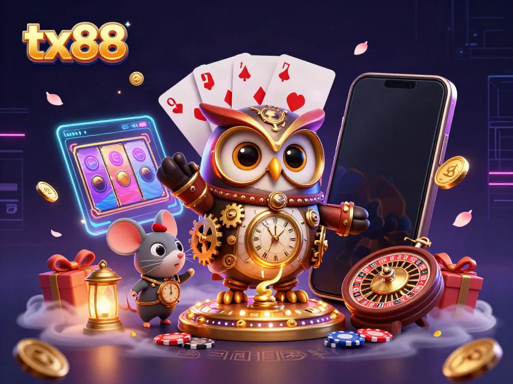 Experience the thrilling world of tx88 with a vibrant 3D illustration featuring a time-traveler owl and casino elements.