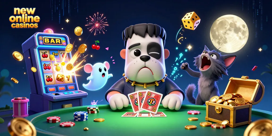 Engage with exciting new online casinos featuring fun characters and casino action in a vibrant illustration.