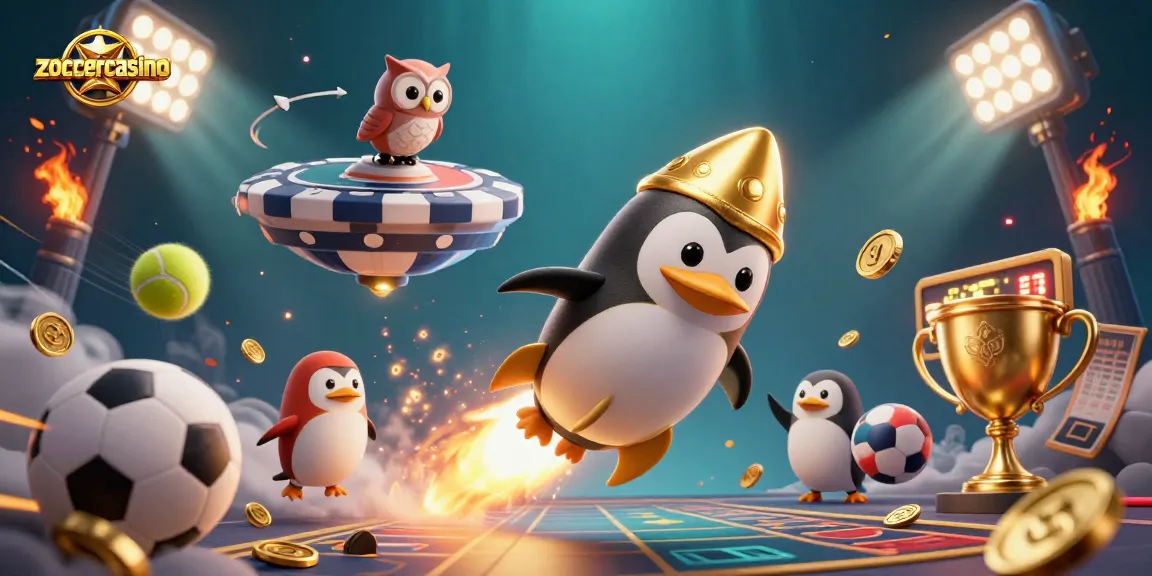 Experience the thrill of zoccercasino with a golden penguin soaring towards a vibrant casino universe.
