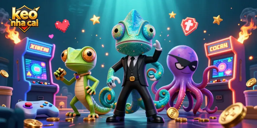Engage with keo nha cai in a vibrant, immersive casino setting with animated characters and gaming elements.