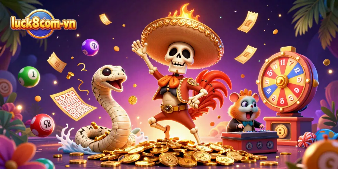 Experience vibrant gaming excitement at luck8com-vn with dynamic characters and colorful elements in this animated illustration.