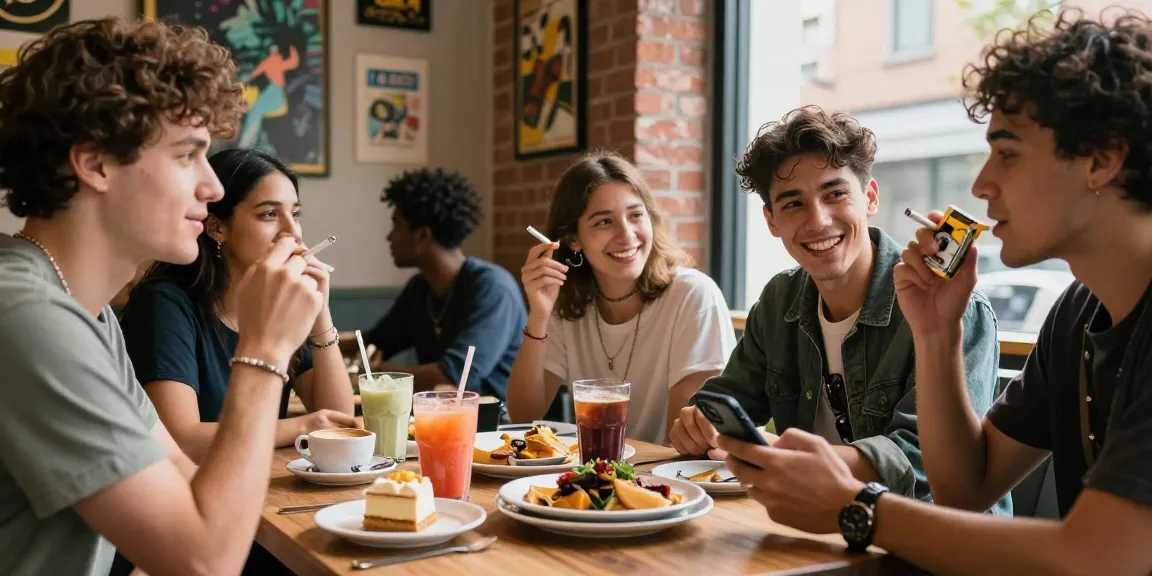 Group of friends enjoying trendy café vibes with rokok88 cigarettes.