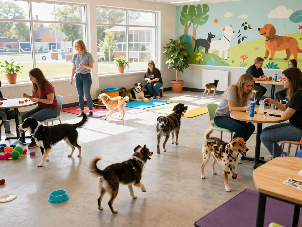 Dogs playing joyfully in daycare, showcasing deposit 10k for pet care services.